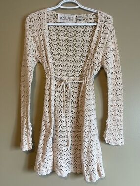 Vintage 90’s Tie Front Crochet Bell Sleeve Festival Bohemian Knit-Set Cardigan